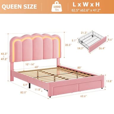 Queen Upholstered LED Bed Frame with 2 Storage Drawers and Adjustable Chic Double Wavy Headboard, Velvet Princess Platform Bed with Charing Station, Solid Wood Slats Support,No Box Spring Needed, Pink - Image 2