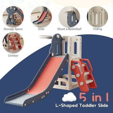 Toddler Slide,Kids Climber Slide with Storage Space and Non-Slip Steps,Indoor Outdoor Playset with Basketball Hoopa and Telescope,Slide for Toddlers Age 1-3 (Red) - Image 4