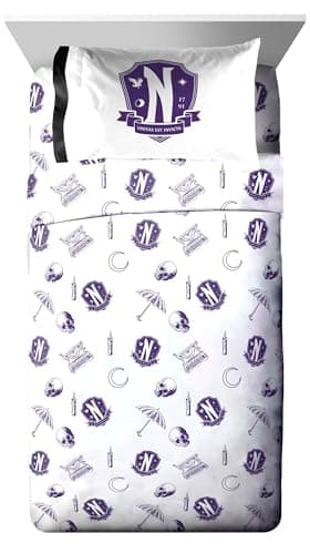 Jay Franco Wednesday Addams Twin Comforter Set â€“ 5 Piece Bedding Includes Sheet Set & Pillow Covers - Black and Grey Stripes Super Soft Kids Bedding - Image 3