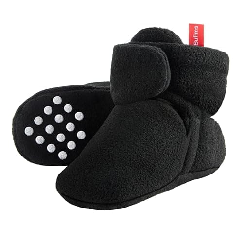 Bufims Baby Booties 6-12 Months Unisex Cozy Fleece Newborn Booties Non-Slip Newborn First Walkers Shoes Toddler Slippers for Baby Boys & Baby Girls Gifts, Black - Image 1