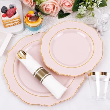 Liacere 350PCS Pink Plates Disposable - Pink and Gold Plates 50guest Baroque Plastic Dinnerware include 100Plates, 50Pack Pre Rolled Napkins with Silverware 50Cups Perfect for Wedding＆Mother's Day - Image 3