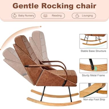 VECELO Rocking Chair Nursery, Oversize Leather Glider Rocker with Padded Cushion, Upholstered Removable High Back, Brown - Image 5