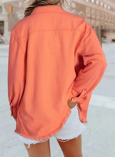 Dokotoo Jean Jacket Women Fashion Spring Summer Country Concert Outfits Casual Long Sleeve Denim Shirt Distressed Boyfriend Denim Jacket Shackets Western Jean Jacket Womens Clothing Orange Jackets XXL - Image 3