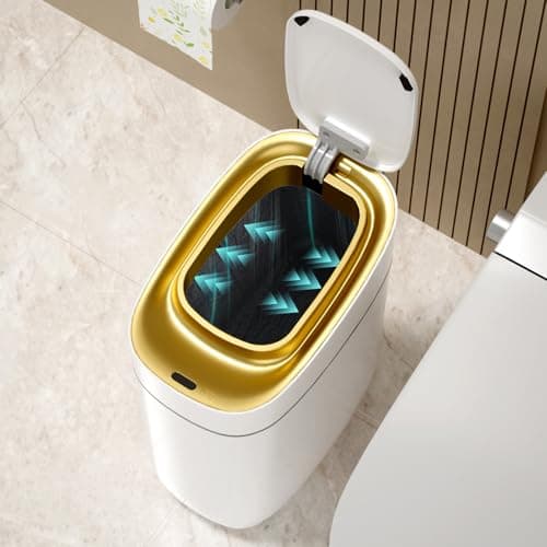 ELPHECO Slim Bathroom Trash Can with Lid, 2.5 Gallon Automatic Adsorption Garbage Can, Sensor Trash Bin, Slim Waterproof Garbage Can, Smart Waste Bin for Narrow Space, Bag Self-Absorbing, Golden - Image 1