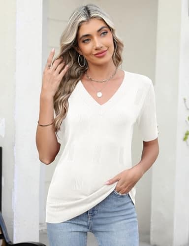 AKEWEI Womens V Neck Sweater Short Sleeve Fall Clothes Casual Lightweight Blouse with Decorative Buttons(White,Medium) - Image 2
