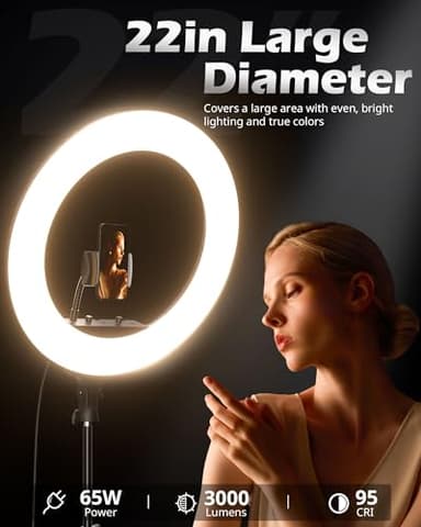 UBeesize 22'' Ring Light with 72'' Stand, 65W Large Ring Light with Phone Holder, Dimmable LED Light for Makeup Barber Stylist Tattoo YouTube TikTok Photography - Image 2