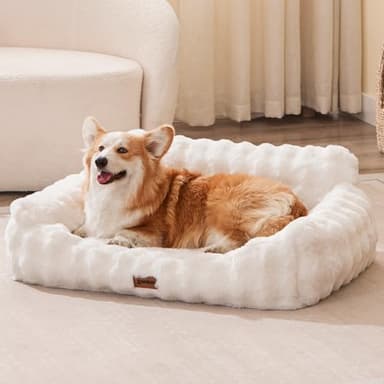 ZOMISIA Dog Couch Bed - Fluffy Dog Sofa, Large Orthopedic Pet Sofa Bed with Removable Washable Cover, Faux Fur Calming Cute Pet Couch with Supportive Egg Foam and Non-Slip Bottom, Ivory White - Image 1