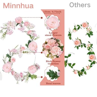 Minnhua Artificial Flower Garland Decorations Pink Floral Garland for Table 5.9Ft Silk Rose Vines Peony String Flowers for Home Centerpiece Wedding Room Party Backdrop Summer Decor - Image 2