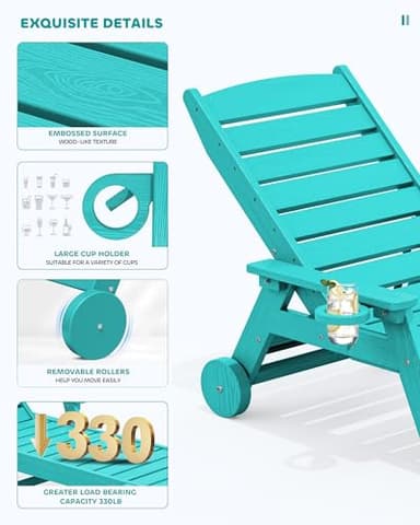 SERWALL Patio Chaise Lounge Chair Set of 2, 78'' Long 5-Positions Adjustable HDPE Outdoor Lounger for Pool, Poly Lounge Chair with Rolling Wheels & Cup Holder for Poolside, Deck, Aqua Blue - Image 5
