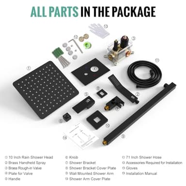 SR SUN RISE Black Square Rainfall Shower Head and Handle Set, Wall Mounted Shower Fixtures, Metal Shower Faucet Trim Repair Kits (With Shower Valve) - Image 9