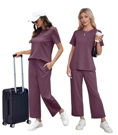 OFEEFAN Vacation Outfits for Women Casual Summer 2 Piece Lounge Set Spring Fashion Short Sleeve Tracksuit Wide Leg Loungewear Airport Clothes Holiday Clothing Women's Cruise Wear Purple XXL - Image 5