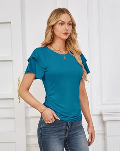 GRACE KARIN Women Dressy Tops Business Casual Tops Office Shirts Short Sleeve Trendy Tops Peacock Blue L - Image 5