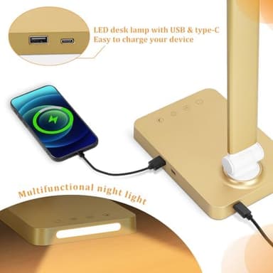 LED Desk Lamp with USB Ports,Touch Desk Lamps for Home Office with 5 Color Modes,3 Brightness Desk Light with Small Night Light,Reading Lamp Table Lamp for Bedroom Bedside Study Gold （with Adapter） - Image 6