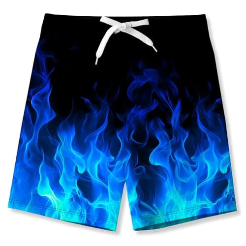uideazone Boys Blue Flame Swim Trunks Size 12 Kids Quick Dry Waterproof Swimwear Mesh Lining Bathing Suits Black Sports Surfing Boardshorts with Pockets Shorts - Image 1