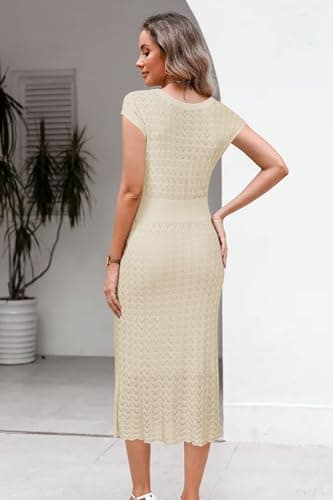 Newshows Women Summer 2025 Teacher Outfits Work Midi Boat Neck Cap Sleeve Hollow Knit Modest Business Casual Dress(Apricot,M) - Image 5