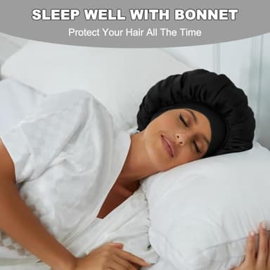 KEPUWAY Satin Silk Bonnet for Sleeping, Silk Hair Bonnets for Sleeping Women, Black Widesoft Band Satin Sleep Cap Hair Wrap for Curly Hair showercap - Image 2