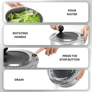 SveBake 5.3Qt Stainless Steel Salad Spinner with Stop Button, BPA-Free Vegetable Lettuce Spinner, Transparent Lid & Drainage Hole, Non-Slip Base, Dishwasher Safe Fruit Washer - Image 4
