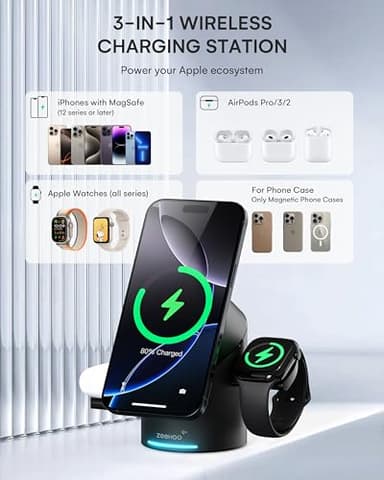 ZEEHOO 3 in 1 Charging Station for Apple Devices, Mag-Safe Charger Stand, Qi2 15W Auto-Rotating Wireless Charger for iPhone 17 16/15/14/13/12 Series& AirPods& iWatch(Black) - Image 4