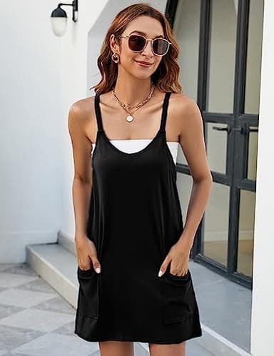 Yidarer Womens Summer Athletic Mini Dress Sleeveless Spaghetti Strap Built-in Shorts V Neck Sundress with Pockets (Black-S) - Image 7