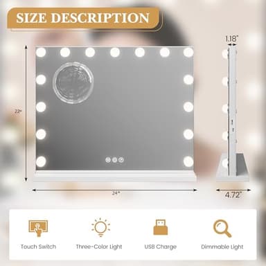 Vanity Mirror with Lights, Hollywood Lighted Vanity Mirror with 15 Dimmable LED Bulbs, 3 Color Modes, USB Charging Port, Light up Mirror with Touch Control for Bedroom, Tabletop, 24" x 22" - Image 2