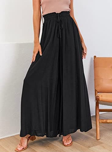 Dokotoo Womens Beach Fashion Clothing Wide Leg Pants with Tie Drawstring Casual Loose High Waisted Palazzo Linen Pants for Women Ladies Soft Lounge Trousers with Pockets Black L - Image 6