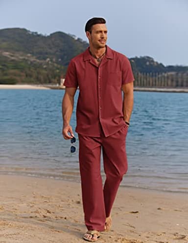 COOFANDY Men Linen Sets Outfits 2 Piece Beach Wedding Shirts Casual Loose Pants - Image 3