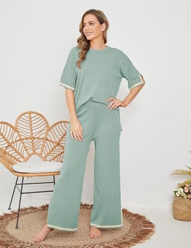 Tanming Sweater Sets Women 2 Piece Lounge Sets Short Sleeve Knit Pullover Tops Wide Leg Pants (GreyGreen-S) - Image 4