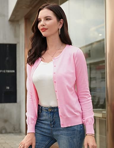 GRACE KARIN Knit Cardigan Sweaters for Women Long Sleeve Fall Cardigans for Women 2025 Crewneck Sweater Tops XXL Pink - Image 2