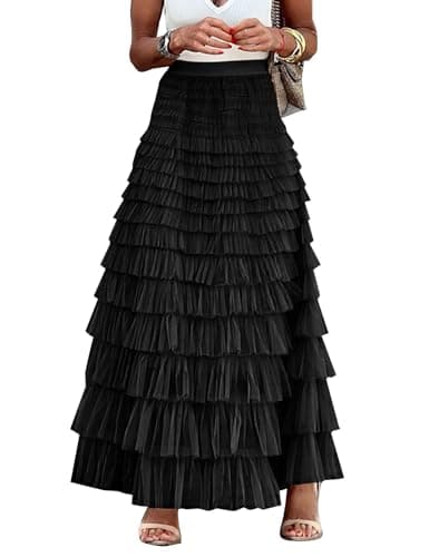 Flygo Women's Long Maxi Tulle Skirts A Line Ruffle High Waisted Tiered Layered Mesh Tutu Skirt Petticoat(Black-XL) - Image 1