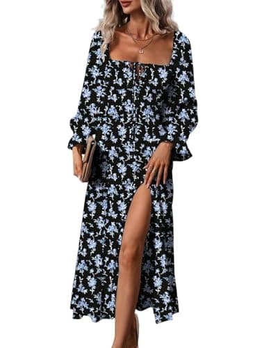 BLENCOT Casual Womens Square Neck Long Sleeve Split Thigh Dress Boho Floral Print Flowy Tie Front Midi Dresses Black Blue L - Image 1