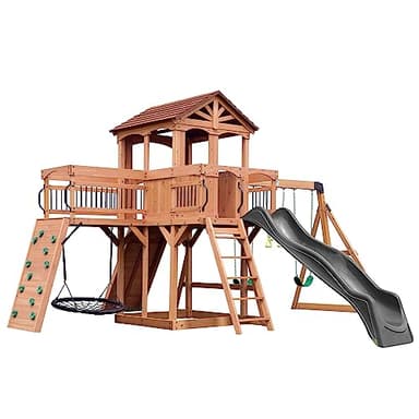 Backyard Discovery Sterling Point Cedar Wood Swing Set with Wave Slide, Raised Clubhouse, Wooden Bridge, Rock Wall, Belt Swings, Web Swing, Trapeze, Balcony, Climbing Wall, Ladder, Outdoor Playset - Image 2