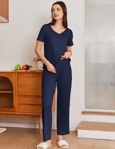 Ekouaer Womens Cotton Pajamas 2 Pack Short Sleeve with Long Pant Pjs Sleepwear Black Navy Blue Medium - Image 3