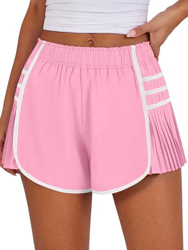 Caracilia Women Running Shorts Flowy Pleated Athletic Shorts Summer High Waisted Tennis Sporty Workout Gym Shorts Pink Large - Image 1