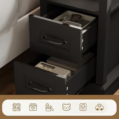 LINSY HOME Narrow End Table with Charging Station, Side Table with Glass Top, Open Shelf, and 2 Drawers, Small Sofa Table with Storage for Living Room, Black - Image 4