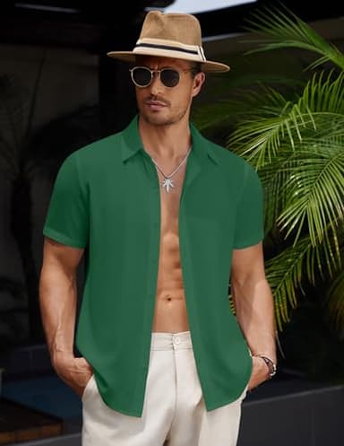 COOFANDY Men's Linen Shirts Short Sleeve Casual Button Down Shirts Summer Beach Resort Slim Fit T-Shirts Evergreen - Image 4