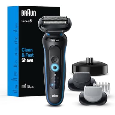 Braun Electric Shaver for Men, Series 5 5150cs, Wet & Dry Shave, Turbo Shaving Mode, Foil Shaver, with Beard Trimmer, Body Groomer and Charging Stand, Blue - Image 1