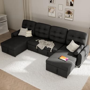Ucloveria Sectional Sofa Couch, 112" Sleeper Sofa Bed with Dual Reversible Storage Chaise Pull Out Couch for Living Room | Side Pockets | Charging Station | Removable Backrest | Linen Fabric, Black - Image 7