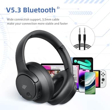 Eduiosma Active Noise Cancelling Headphones, Wireless Over Ear Bluetooth Headphones with Microphone, Transparency Mode, 70H Playtime, Hi-Res Audio, Deep Bass, Bluetooth 5.3, Lightweight Design,Black - Image 3