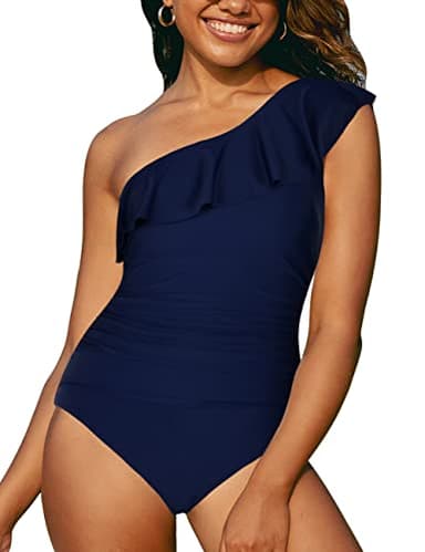 Hilor Women's One Piece Swimsuits One Shoulder Swimwear Asymmetric Ruffle Monokinis Bathing Suits Navy 8 - Image 2