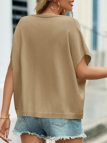 Saodimallsu Womens Summer Oversized Cardigans Batwing Short Sleeve Lightweight Button V Neck Casual Knit Sweater Tops Dark Khaki - Image 4