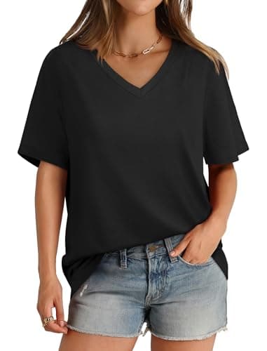 Womens Summer Tops Loose Fit Casual V Neck T Shirts Short Sleeve Tshirts Plus Size Blouses Black XXL - Image 1