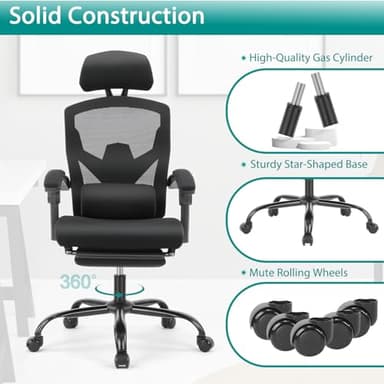 DUMOS Home Office Desk Chair with Footrest, High-Back Mesh Rolling Swivel Reclining Chairs with Wheels, Comfortable Headrest, Lumbar Support, Comfy Arms for Home, Office, Gaming, Student, Black - Image 9