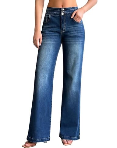 roswear Women’s Wide Leg Jeans Casual High Waisted Stretch Baggy Loose Denim Pants Blue Small - Image 1