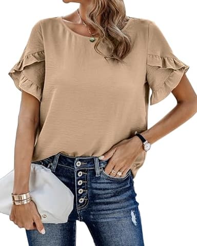 PRETTYGARDEN Women's Shirts Summer Casual Crewneck Lace Crochet Short Sleeve Blouses Cute Floral Print Loose Tunic Tops(Solid Khaki,Small) - Image 1