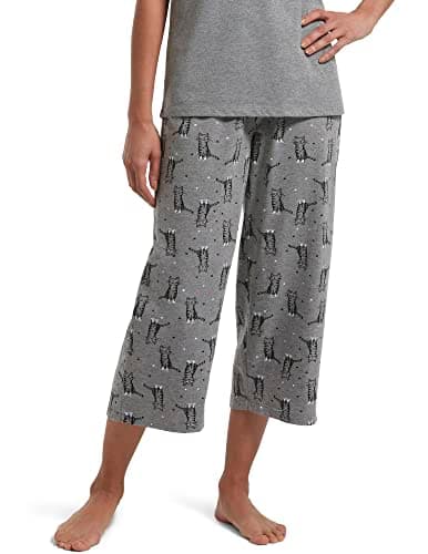 HUE Women’s SleepWell Basic Printed Knit Performance Sleep Capri Pajama Pant, Made With Temperature Regulating Technology, Medium Grey Heather - Sweet Kitty, 2X - Image 1
