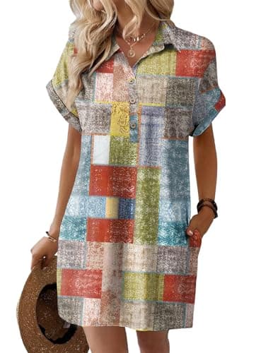 HOTOUCH Women's Button Down Dress 2025 Summer Beach Short Sleeve Casual Loose Dress Tunic Dresses with Pockets Color Block XL - Image 1