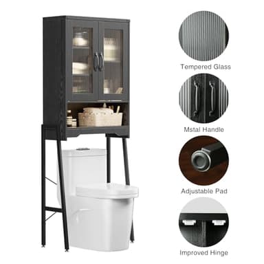 Over The Toilet Storage Cabinet with Tempered Glass Doors & Adjustable Shelf, Bathroom Organizer with Metal Stand Space Saver Over Toilet , Tall Freestanding Shelf/Rack for Bathroom, Black - Image 5