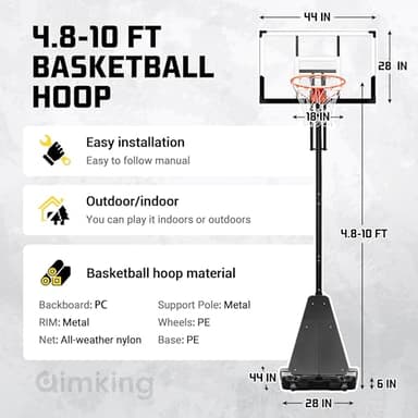 Aimking Basketball Hoop Outdoor System with 44 Inch Backboard, 4.8FT-10FT Height Adjustable Basketball Goal System for Youth/Teens/Adults Indoor Outdoor Pool - Image 5