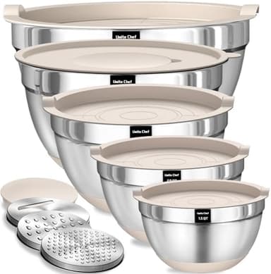 Umite Chef Mixing Bowls with Airtight Lids Set, 8PCS Stainless Steel Khaki Nesting Bowls with Grater Attachments, Kitchen Bowls with Non-Slip Bottoms, Size 5, 4, 3.5, 2, 1.5QT for Mixing & Serving - Image 2