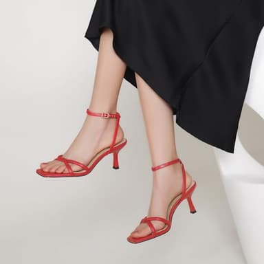 AIUNIIND Women's Sandals Square Open Toe Kitten Heels Strappy Ankle Strap Sandals for Women Comfort Dress Party Shoes Red 9 - Image 6